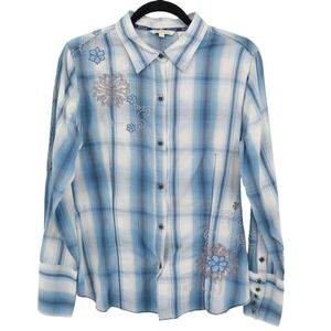 Stetson Embroidered Floral Western Shirt Women L Blue Plaid Cottagecore Bohemian